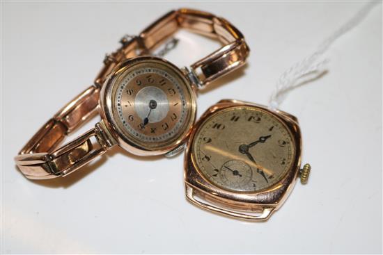 9ct gold-cased trench watch & a 9ct gold ladies watch on expandable bracelet (a.f)